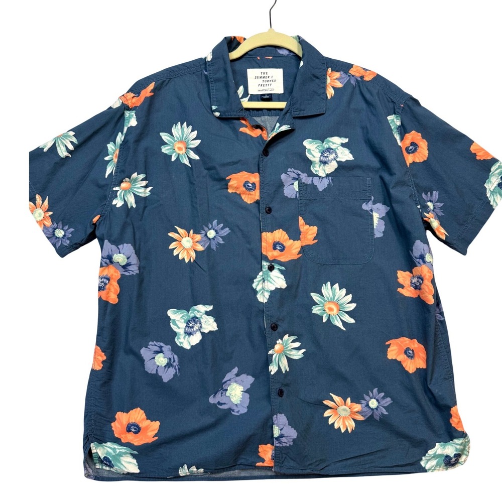 American Eagle Floral Button Down Mens Large Blue Summer I Turned Pretty‎
